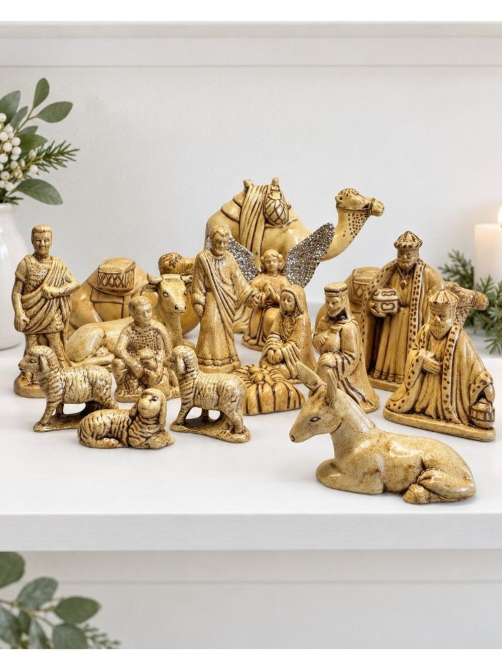 Vintage 1974 Ceramic Nativity Set 17 Piece Handmade Brown Glaze 3.25" Scale